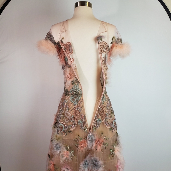 Marchesa RARE Feather Embroidered Cocktail Dress Runway Fits Like 2 - Picture 6 of 10